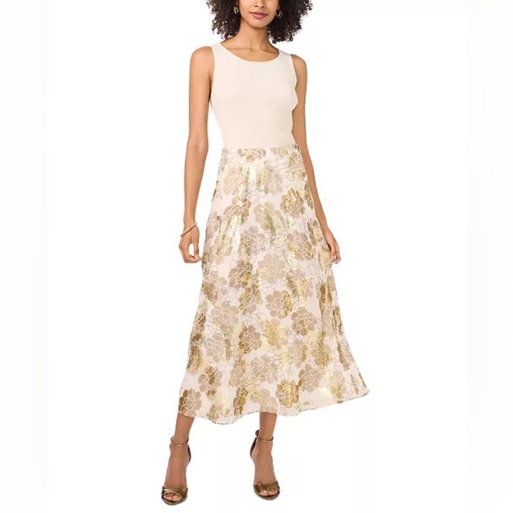 NEW Vince Camuto Metallic Floral-Print Midi Skirt Floral Maxi Skirt Size S